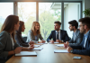 Groupe de professionnels en réunion dans un bureau lumineux