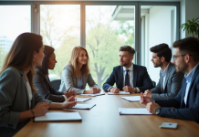 Groupe de professionnels en réunion dans un bureau lumineux