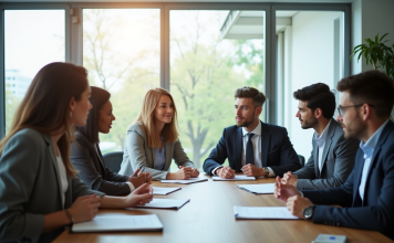 Les enjeux du comité d’entreprise de la SNCF en période de crise Groupe de professionnels en réunion dans un bureau lumineux