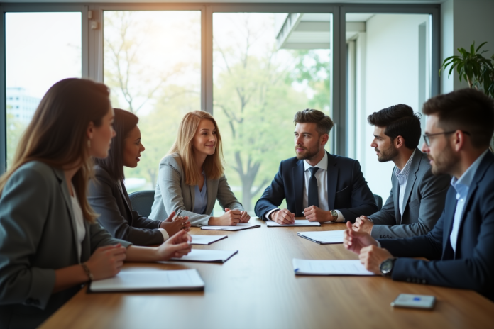 Groupe de professionnels en réunion dans un bureau lumineux
