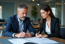 Loi Châtel : son application entre professionnels : conditions, cas d’usage Deux professionnels en réunion d'affaires examinant des contrats