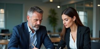 Loi Châtel : son application entre professionnels : conditions, cas d’usage Deux professionnels en réunion d'affaires examinant des contrats