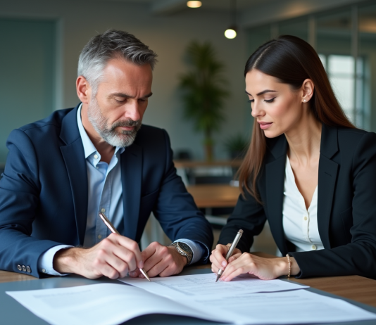 Deux professionnels en réunion d'affaires examinant des contrats