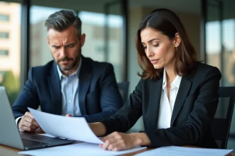 Couple d'affaires attentifs à un bureau moderne