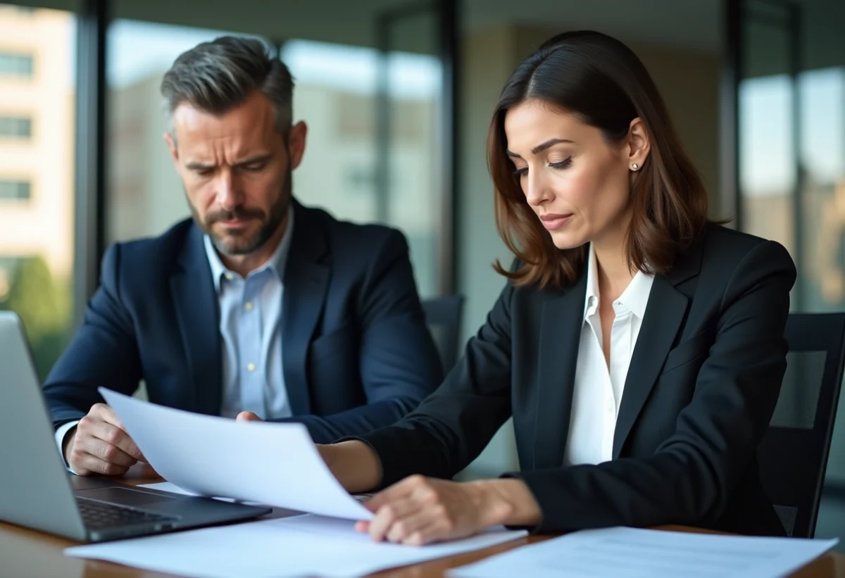 Couple d'affaires attentifs à un bureau moderne