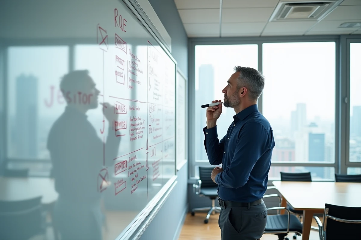 Manager debout devant un tableau blanc annoté avec des corrections de rôles lors d'une session de planification