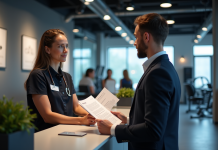 Réception moderne d'un gymnase avec un conseiller montrant des documents
