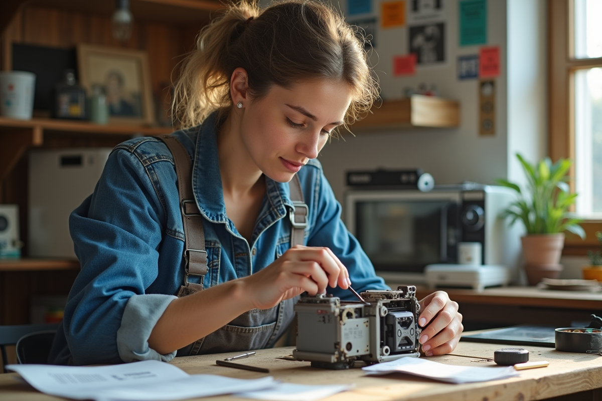 Femme réparant un appareil dans un atelier de réparation communautaire