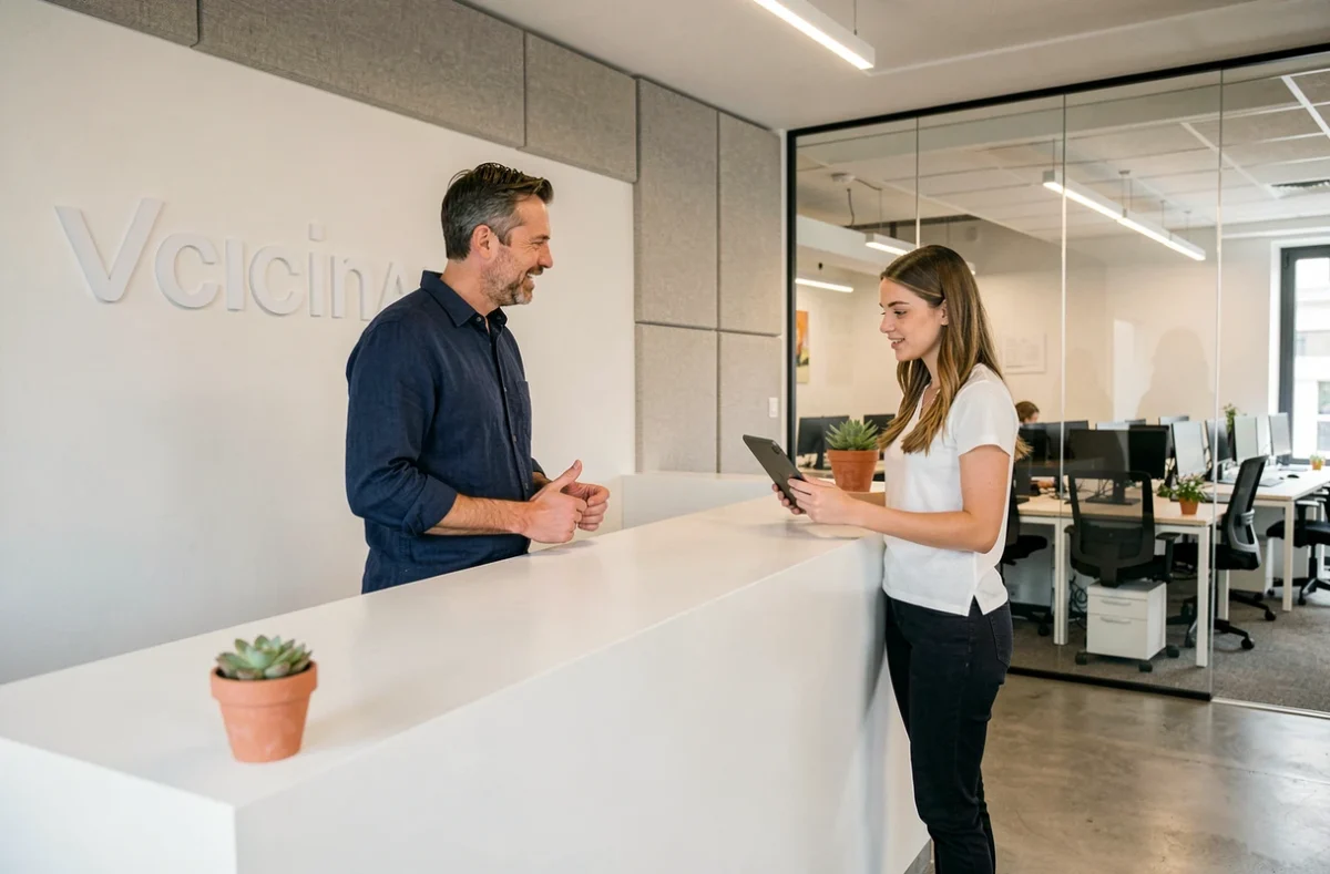 Homme réservant un bureau à la journée à l'accueil d'un coworking à Bordeaux