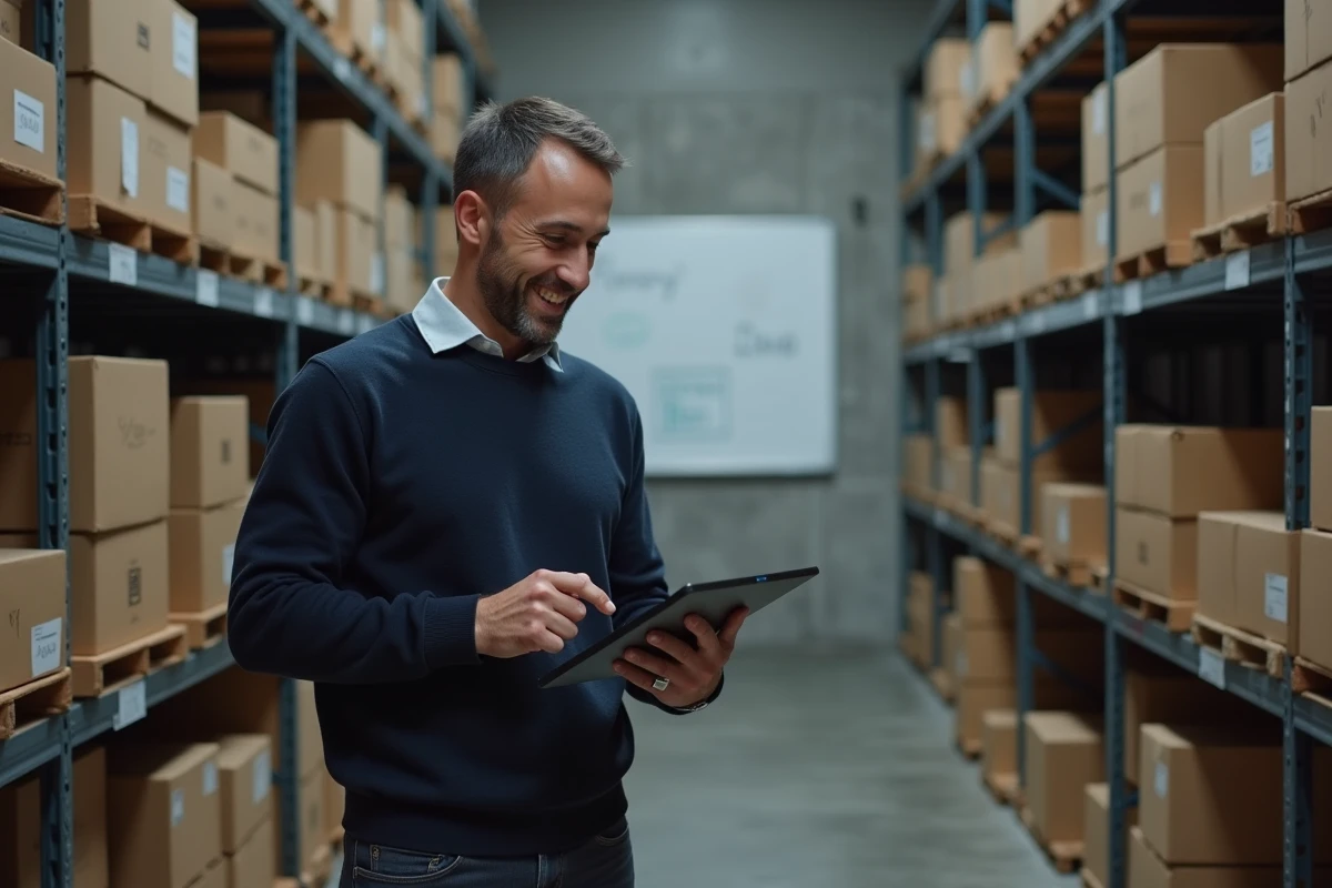 Responsable logistique de PME vérifiant l'inventaire sur tablette dans un entrepôt bien organisé