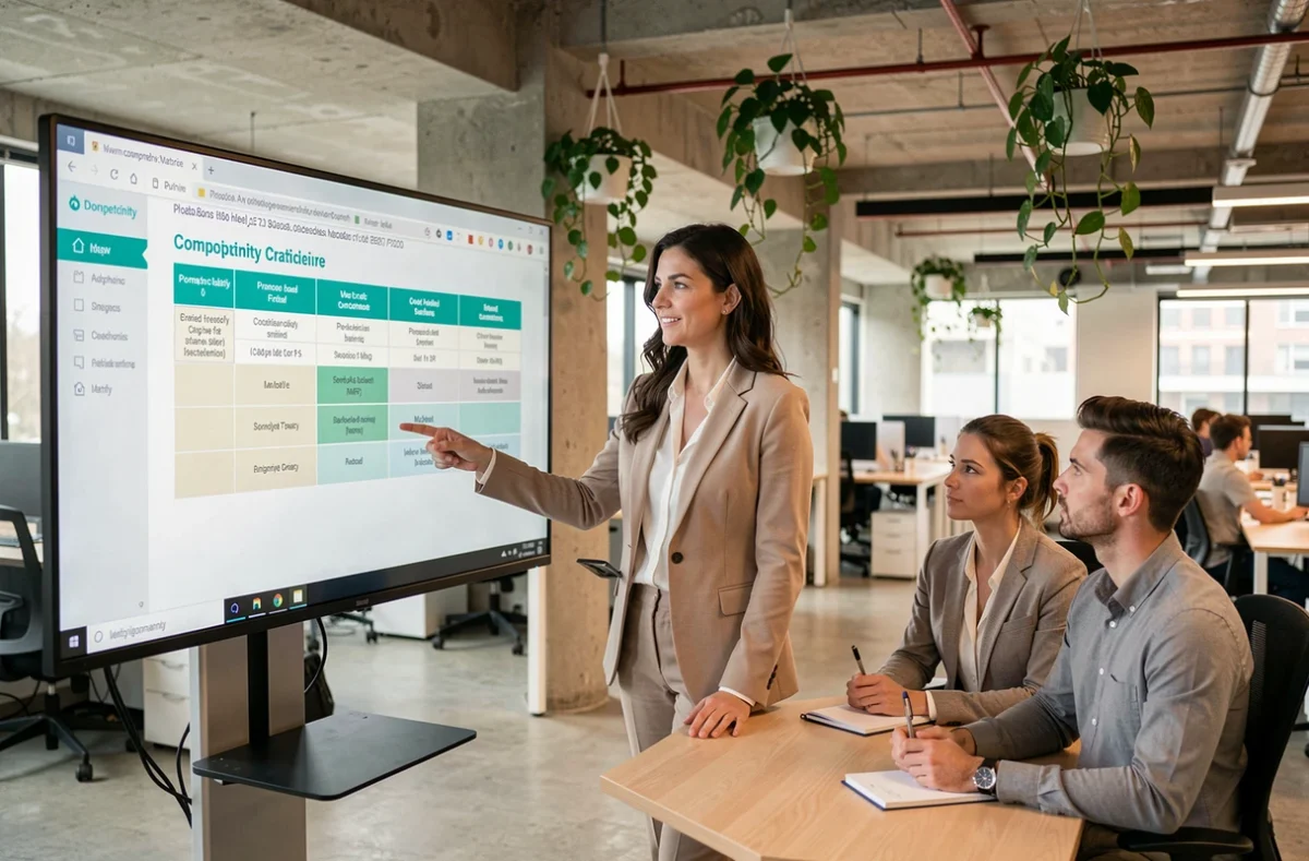 Responsable RH présentant une matrice de compétences et de critères de promotion à son équipe dans un open space moderne