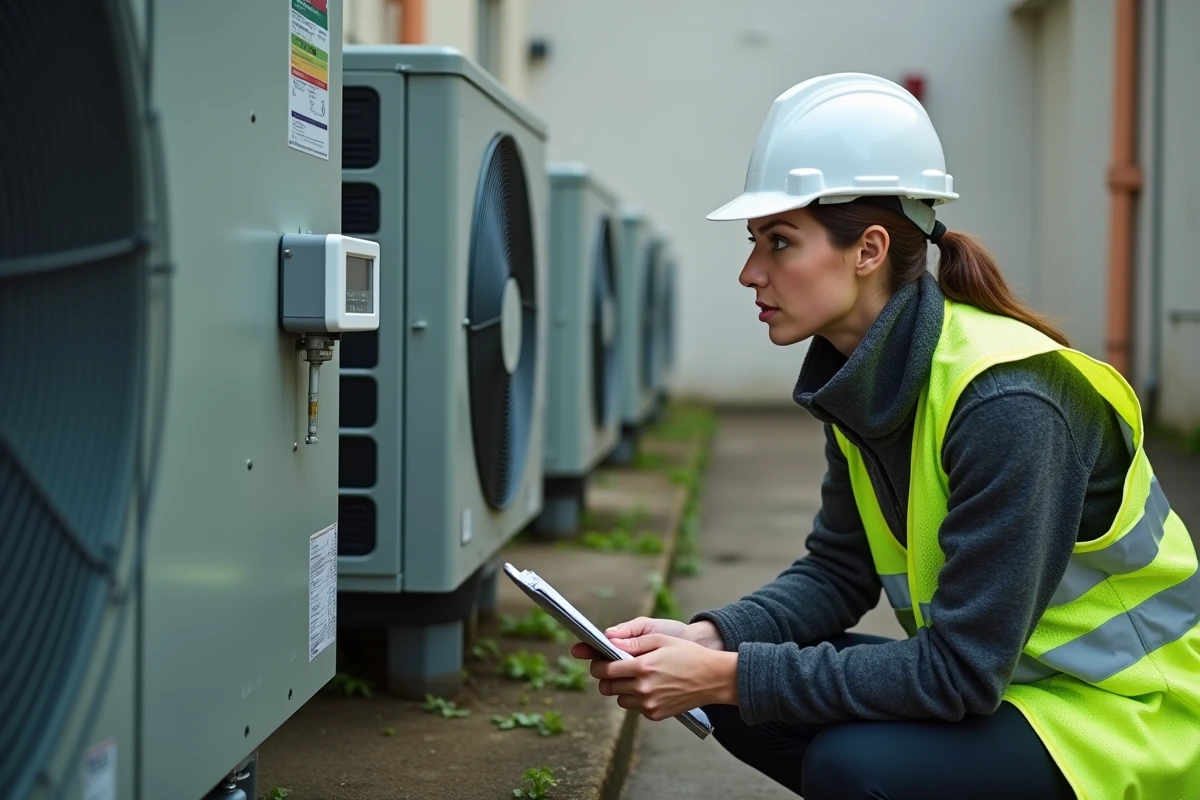 Responsable technique inspectant un système de pompe à chaleur dans une collectivité locale pour réduire les coûts énergétiques