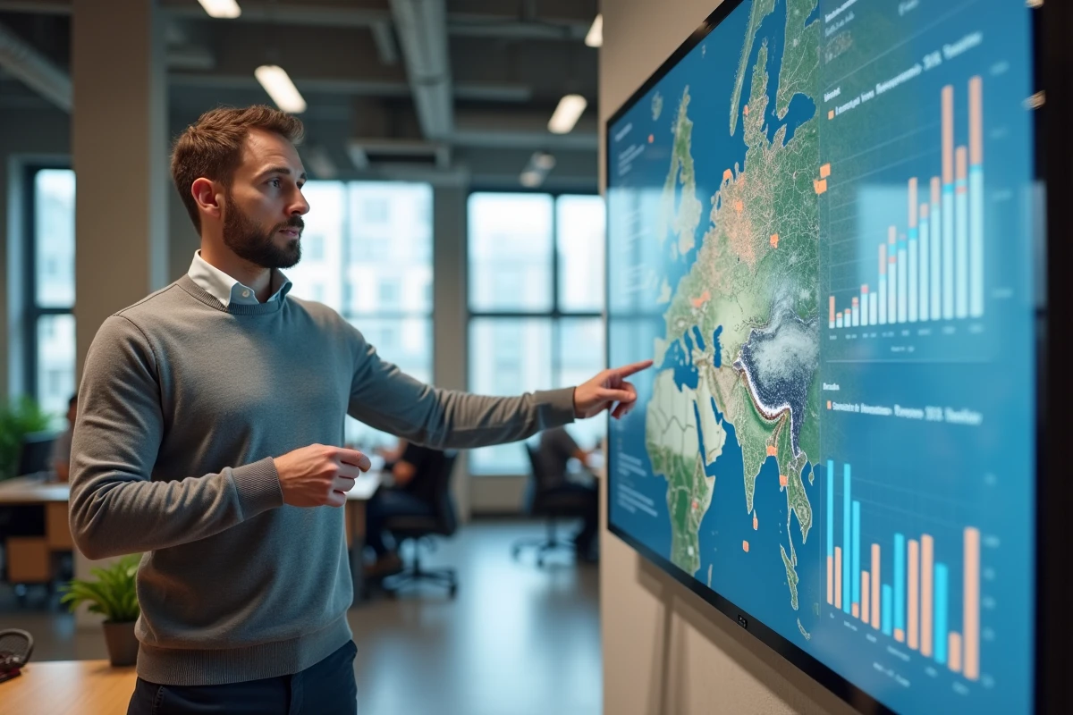 Responsable territorial présentant une cartographie des indicateurs économiques locaux sur écran interactif dans un bureau de développement régional