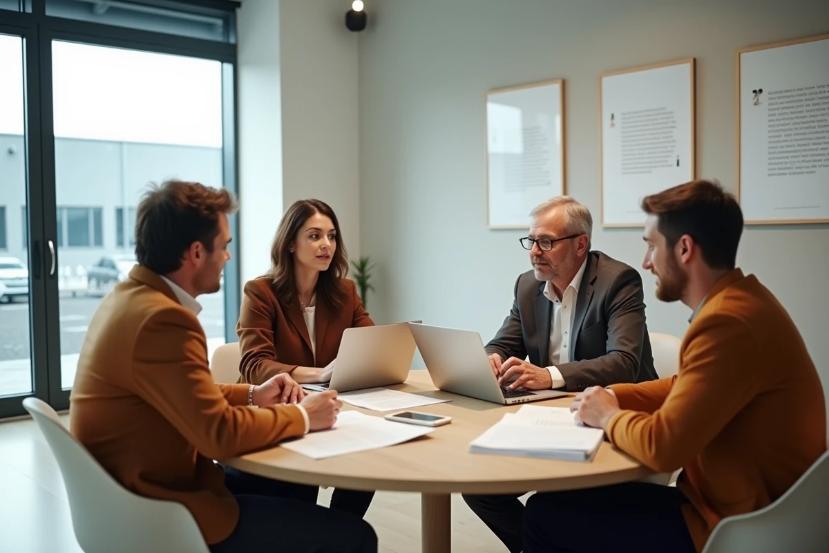 Équipe de collaborateurs Leroy Merlin en réunion autour d'une table dans une salle moderne, illustrant les valeurs participatives et la culture d'entreprise familiale