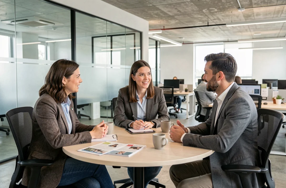 Groupe de professionnels en réunion dans un espace de coworking pour discuter du portage salarial à Montauban