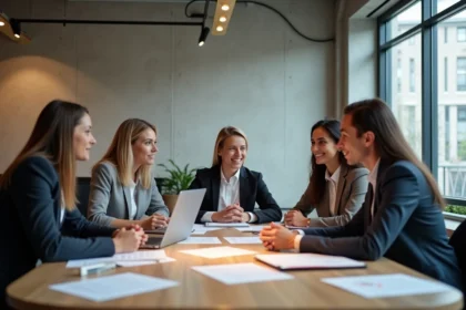 Groupe de collègues adultes en réunion autour d'une table de conférence dans un bureau moderne, illustrant le travail au sein d'un groupe professionnel
