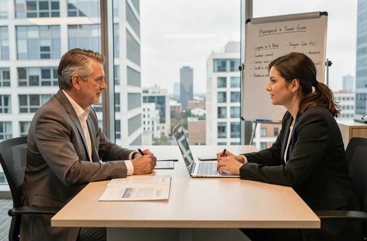 Réunion entre un consultant en portage salarial et un responsable RH pour discuter d'un contrat CDD