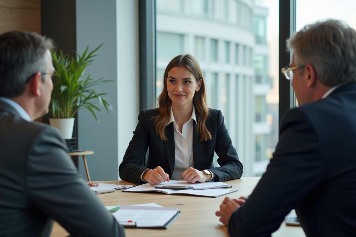 Jeune femme en réunion avec deux professionnels