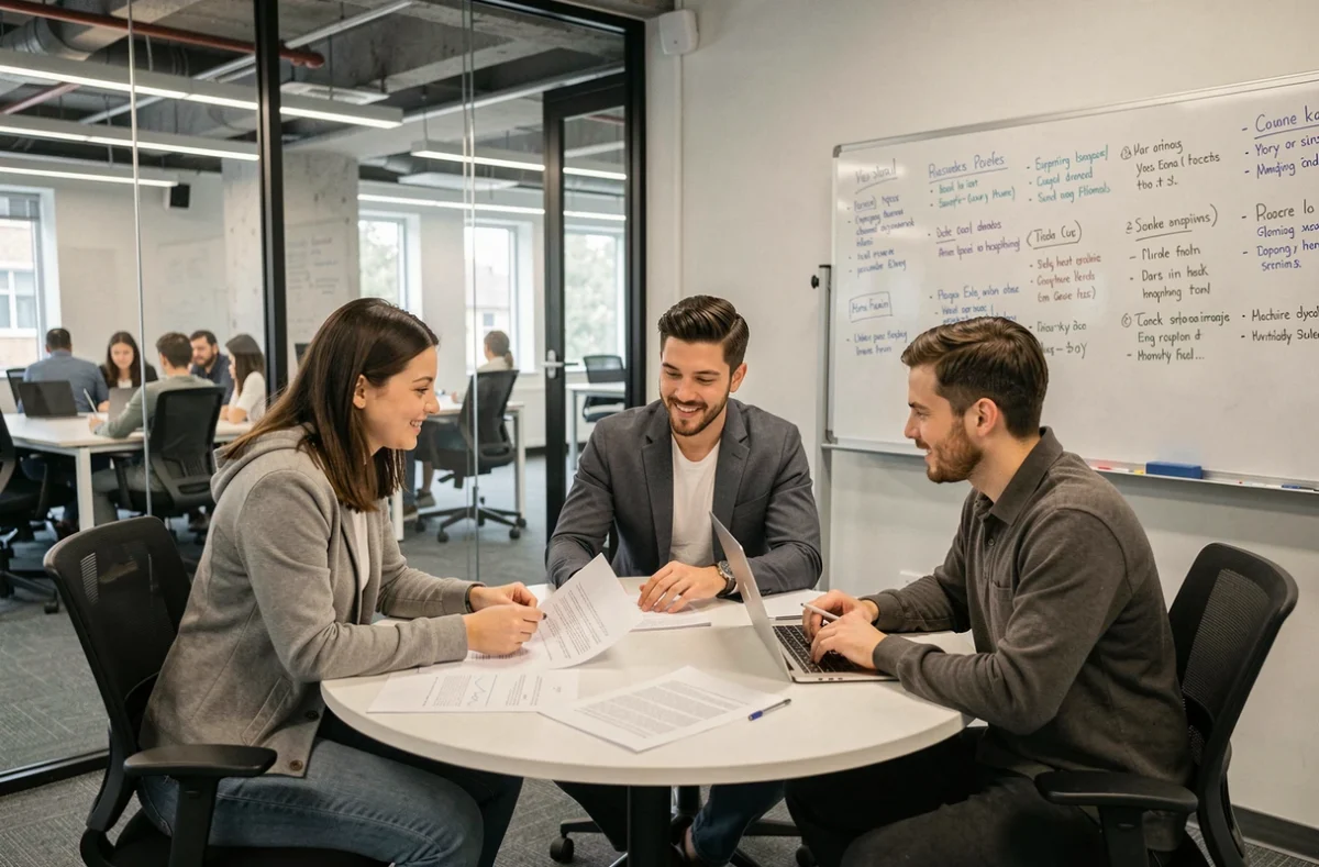 Équipe de professionnels en réunion dans une salle de coworking à Bordeaux réservée à la journée