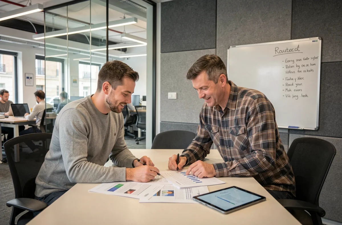 Deux professionnels en réunion dans une salle de coworking vitrée à Rouen