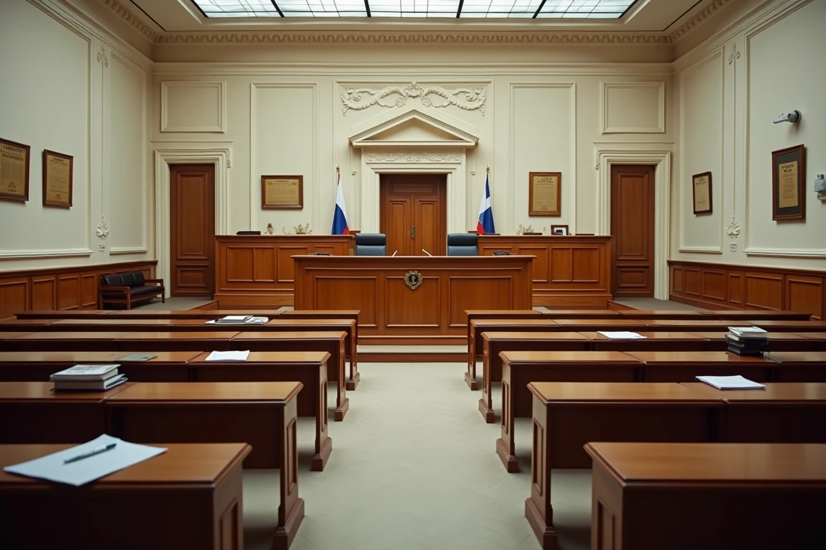 Salle d'audience vide d'un conseil de prud'hommes en France symbolisant une procédure de licenciement abusif et l'application de l'article L1235-3