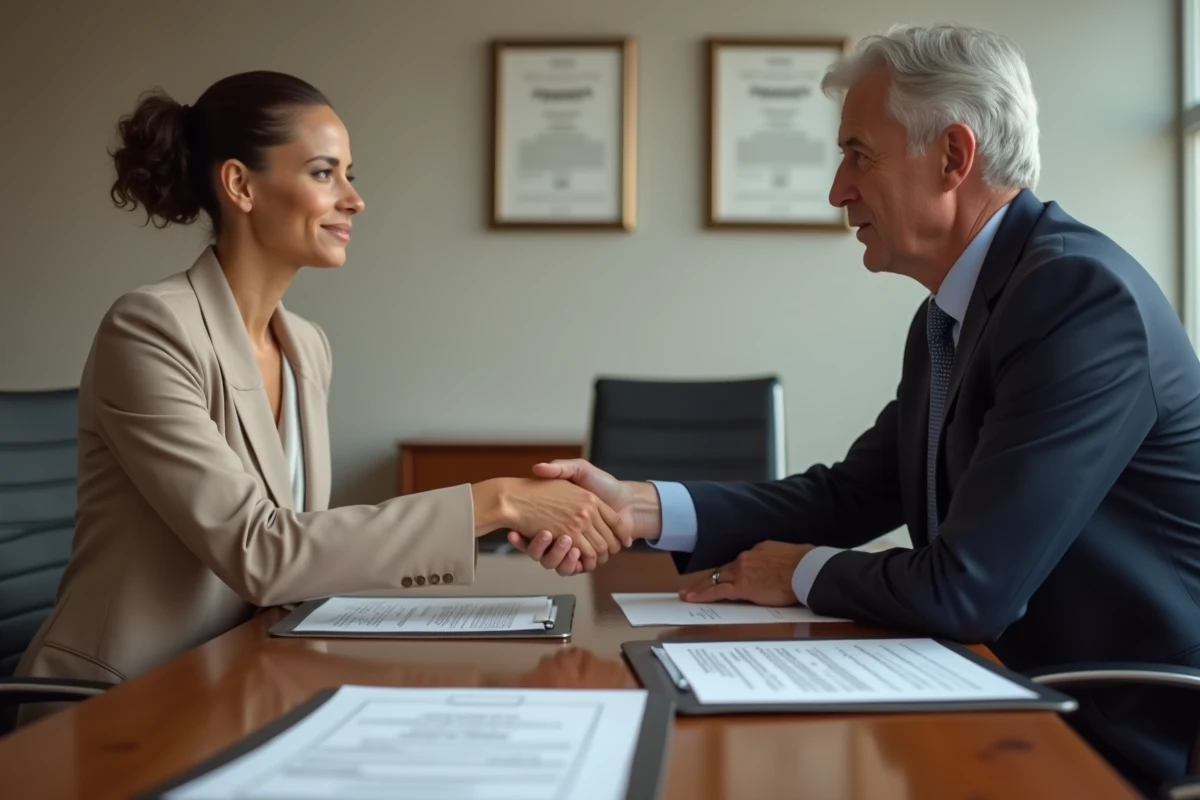 Signature d'une rupture conventionnelle entre un salarié et son employeur avec poignée de main dans une salle de réunion