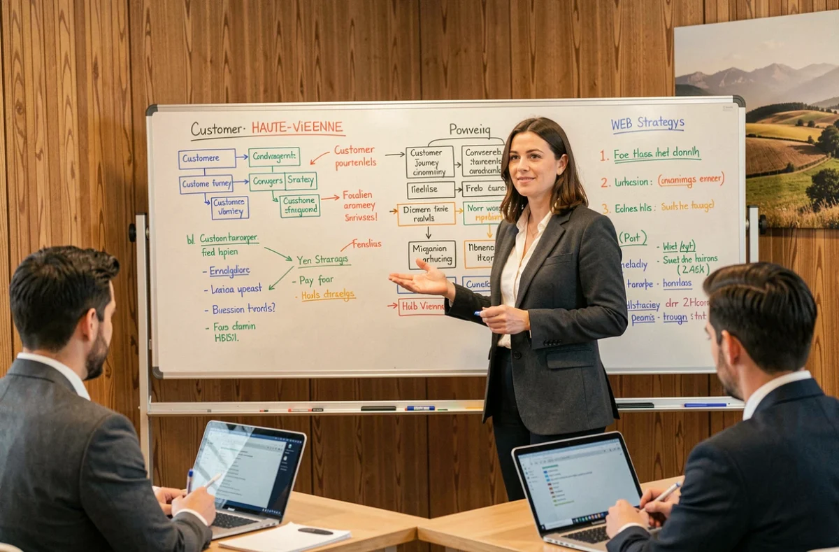 Responsable d'agence digitale animant un atelier de stratégie web en Haute-Vienne avec schémas et diagrammes