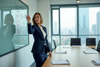 Consultante en stratégie analysant un cadre de domaine concurrentiel sur un tableau en verre dans une salle de réunion d'entreprise moderne