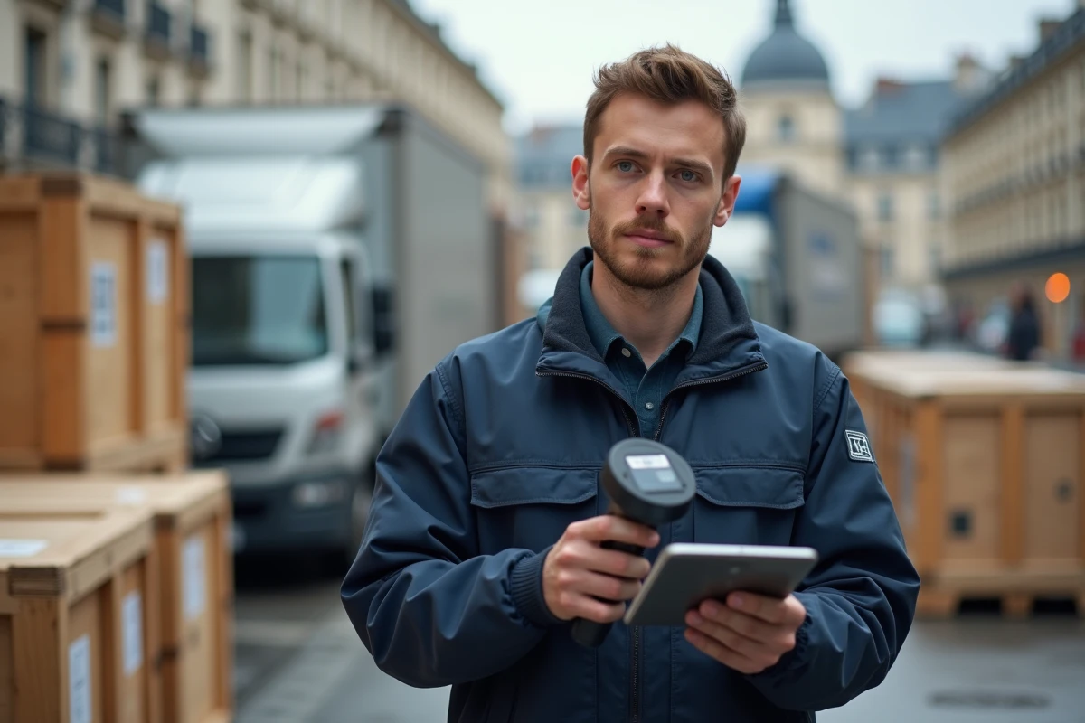 Technicien vérifiant un pallet avec scanner RFID à quai à Paris