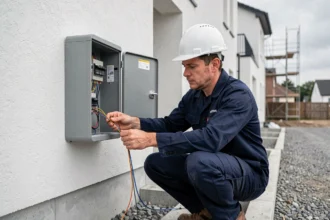 Technicien de France Télécom raccordant les câbles fibre optique sur une maison neuve lors d'une installation téléphonique