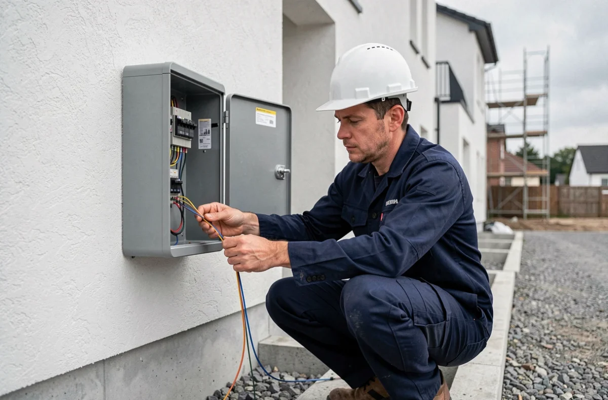 Technicien de France Télécom raccordant les câbles fibre optique sur une maison neuve lors d'une installation téléphonique