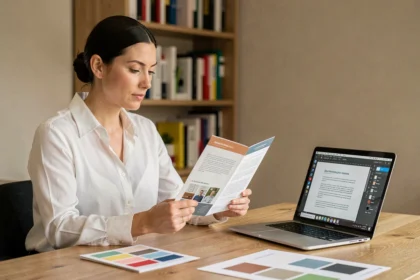 Femme consultant une brochure imprimée professionnelle à côté d'un PDF ouvert sur ordinateur portable dans un bureau moderne