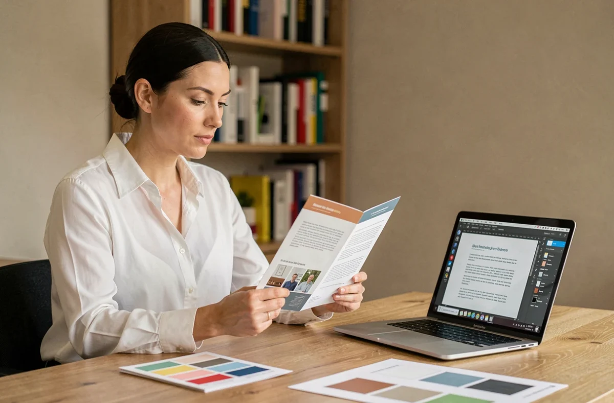 Femme consultant une brochure imprimée professionnelle à côté d'un PDF ouvert sur ordinateur portable dans un bureau moderne