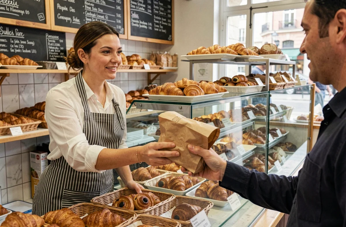 Vendeuse en boulangerie remettant une commande à une cliente au comptoir dans une boulangerie urbaine française