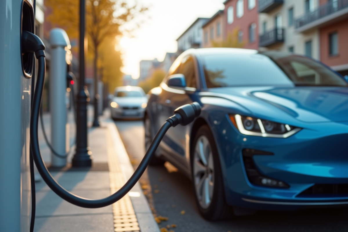 Voiture électrique en charge dans une ville avec tableau financier sur smartphone