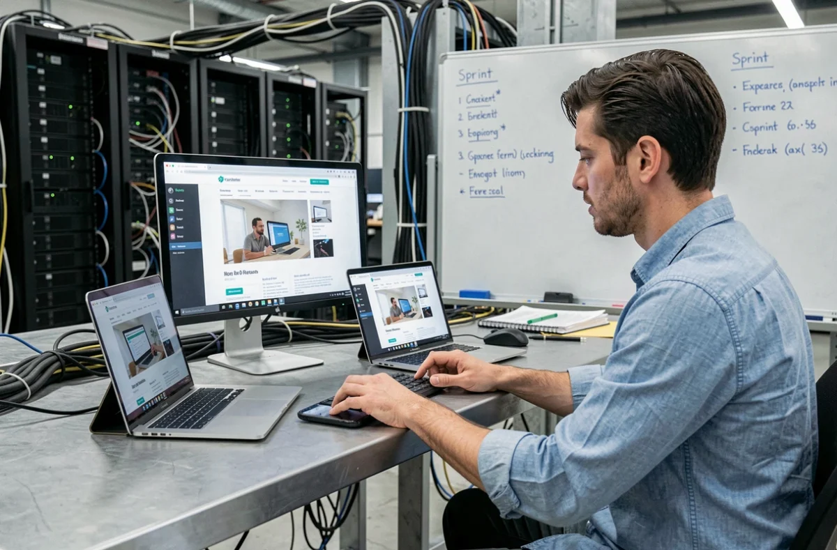 Développeur de Web Factory testant un site e-commerce sur plusieurs appareils simultanément dans un espace de production technique