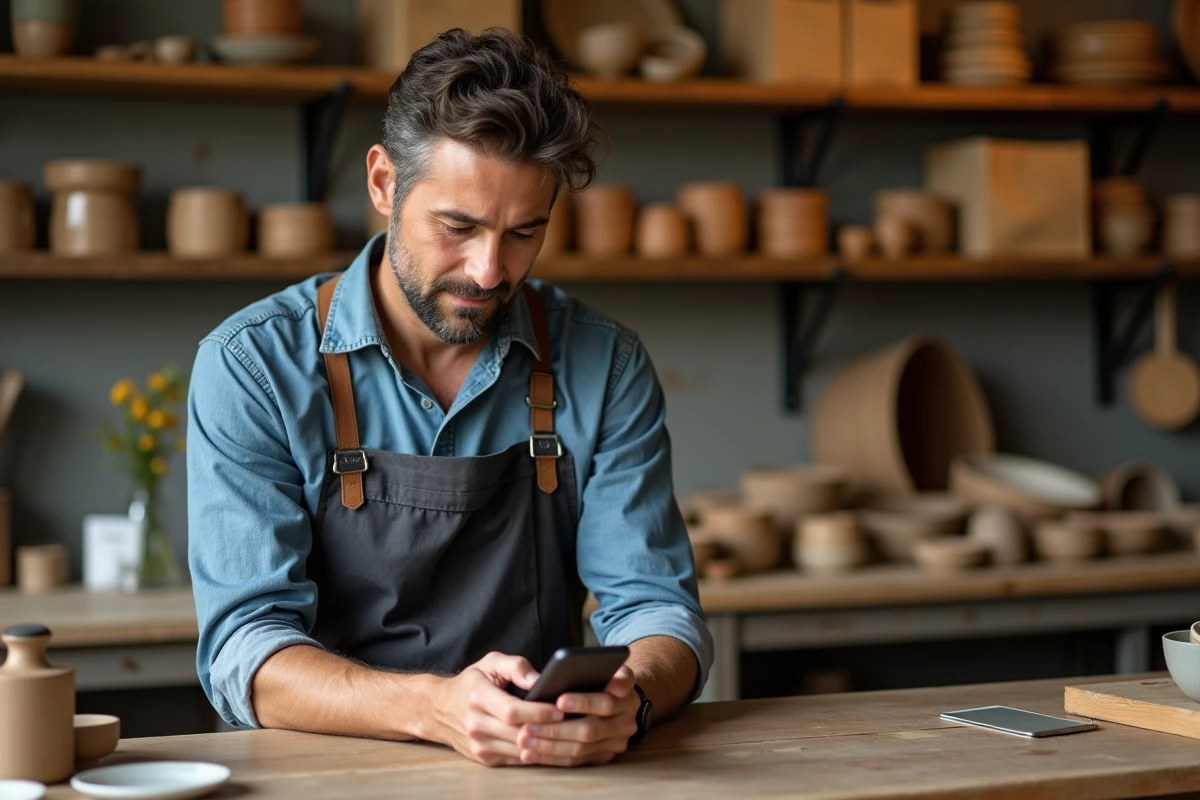 Artisan gérant les messages clients via WhatsApp Business depuis son atelier de micro-entreprise artisanale