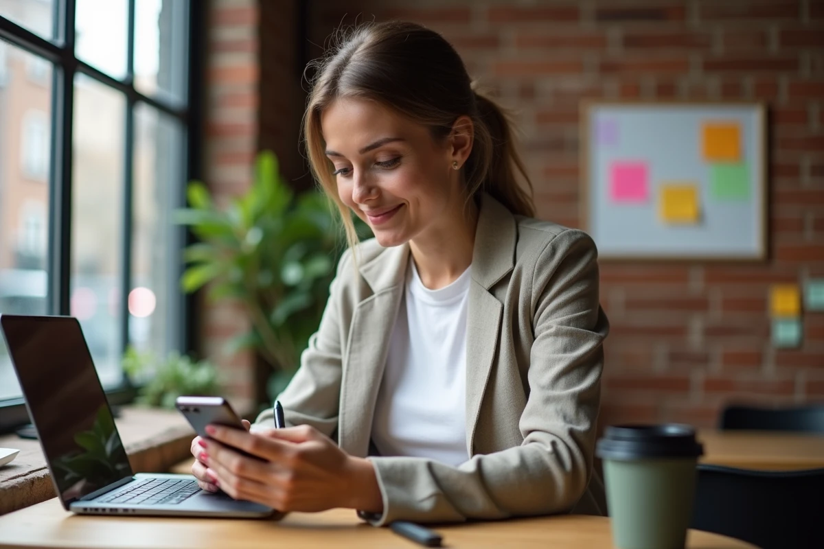 Micro-entrepreneuse utilisant WhatsApp Business sur smartphone dans son bureau à domicile pour gérer sa communication professionnelle